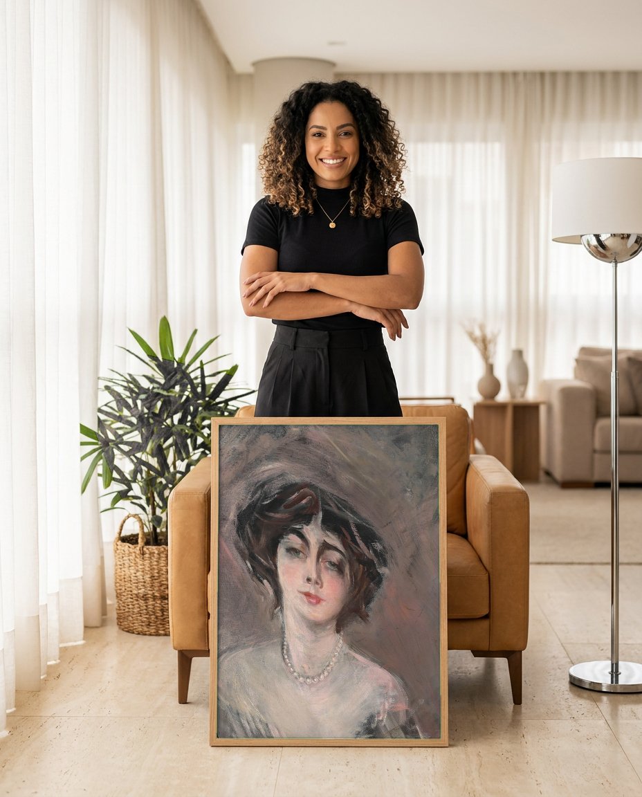 Quadro Decorativo Retrato Feminino Elegante - Boldini com modelo em ambiente