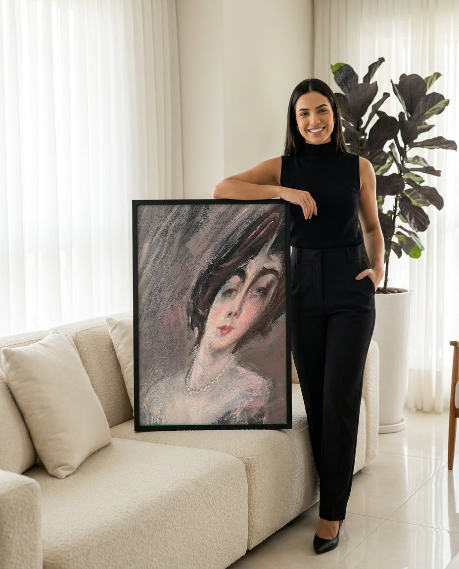 Quadro Decorativo Retrato Feminino Elegante - Boldini com modelo em ambiente