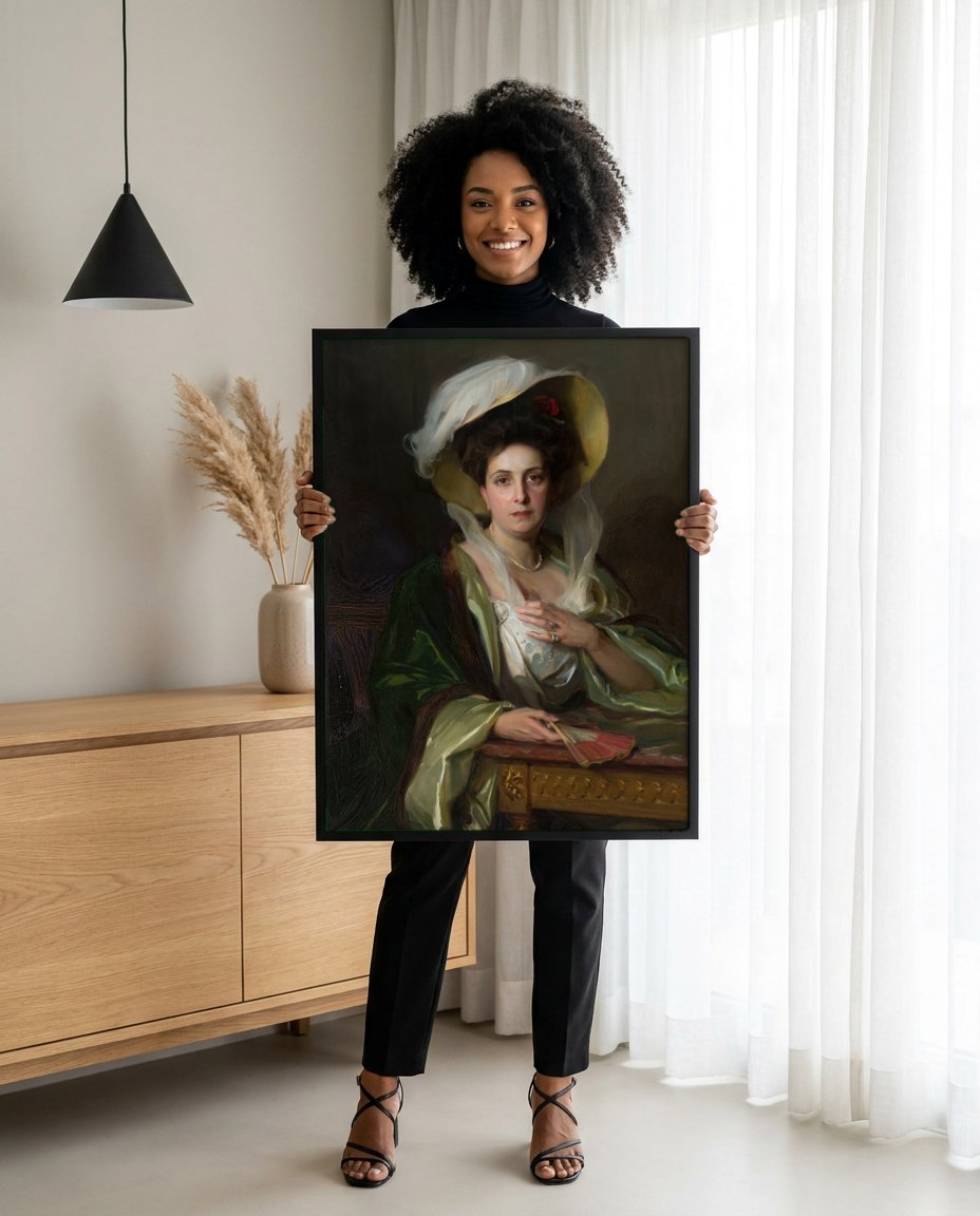 Quadro Decorativo Retrato Feminino Elegante - Philip Alexius de László com modelo em ambiente