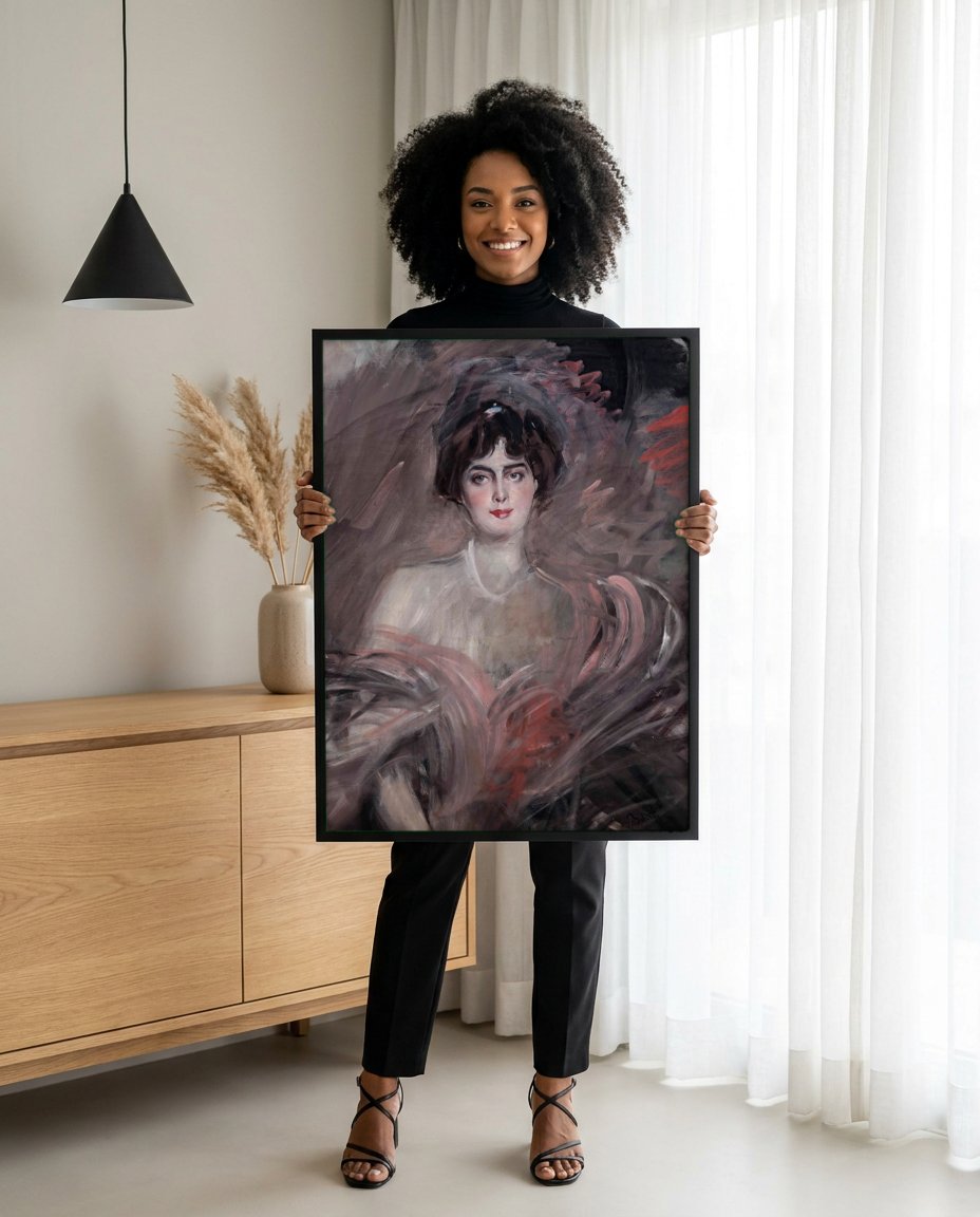 Quadro Decorativo Retrato Feminino Elegante - Boldini com modelo em ambiente