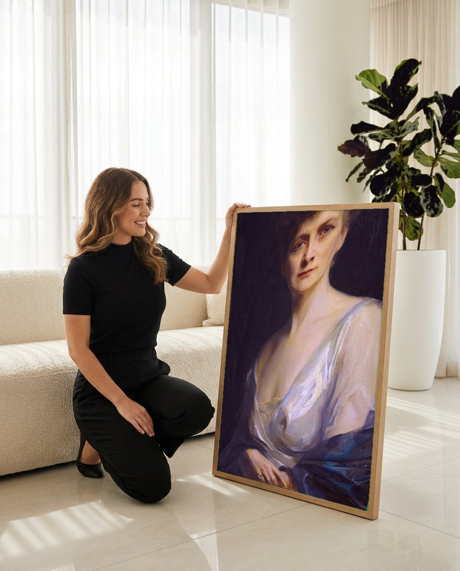 Quadro Decorativo Retrato Feminino Elegante - Philip de László com modelo em ambiente