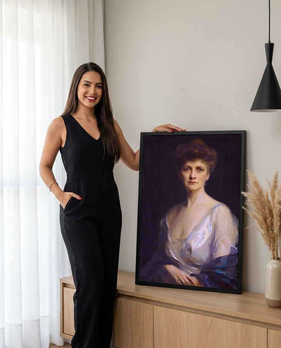 Quadro Decorativo Retrato Feminino Elegante - Philip de László com modelo em ambiente