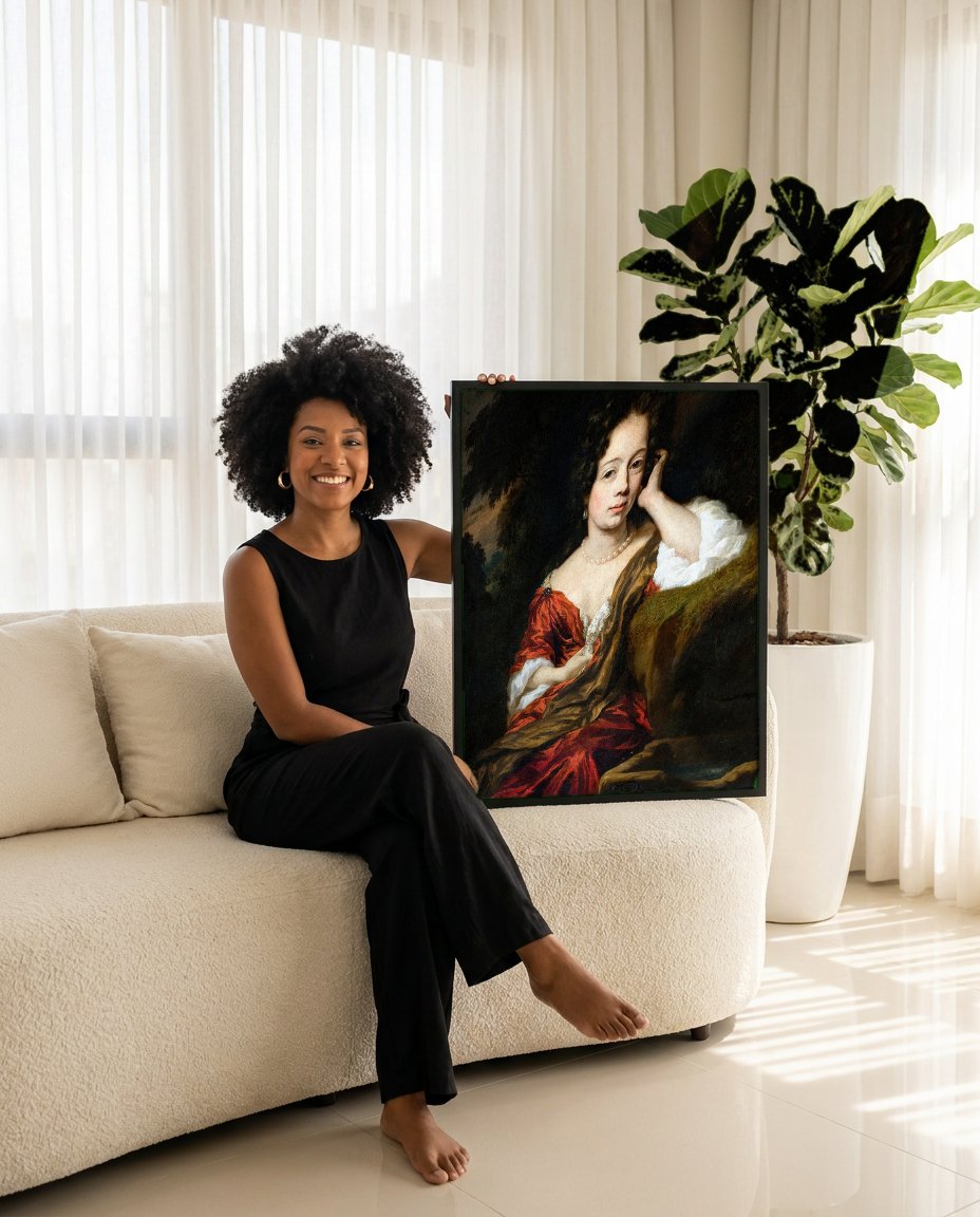 Quadro Decorativo Retrato Feminino Elegante - Nicolaes Maes com modelo em ambiente