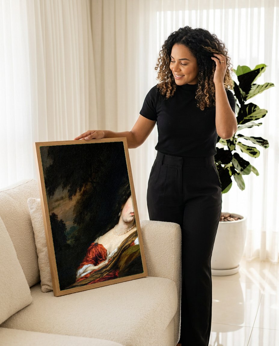Quadro Decorativo Retrato Feminino Elegante - Nicolaes Maes com modelo em ambiente