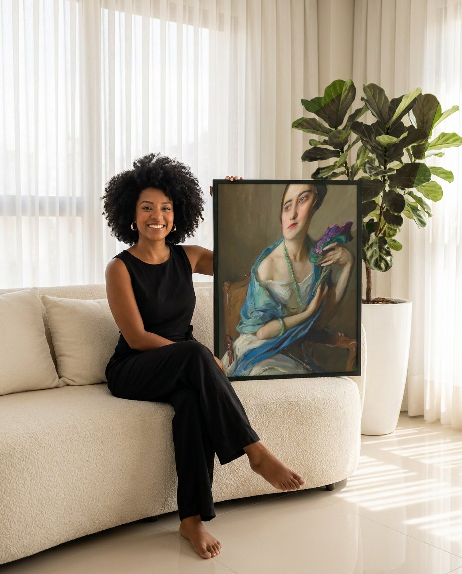 Quadro Decorativo Retrato Feminino Elegante - Philip Alexius de László com modelo em ambiente