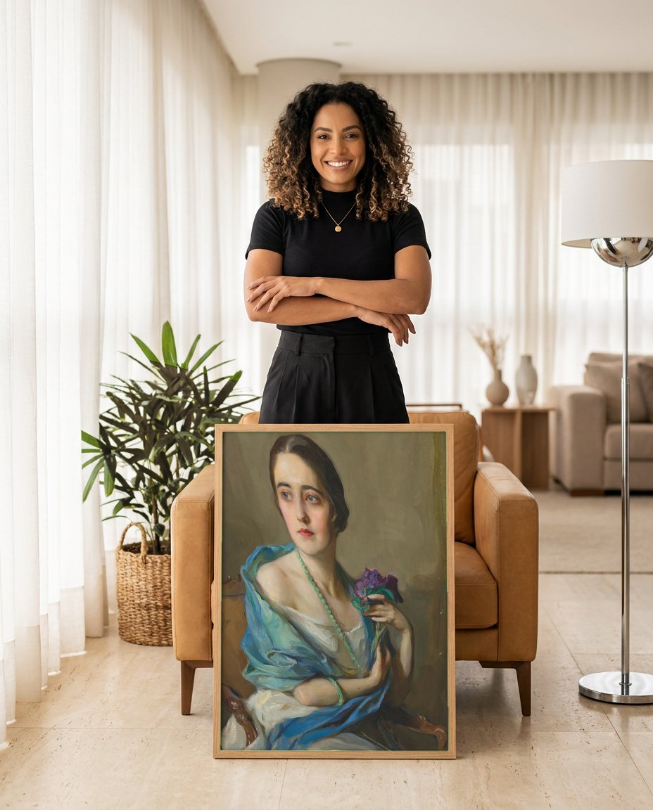 Quadro Decorativo Retrato Feminino Elegante - Philip Alexius de László com modelo em ambiente