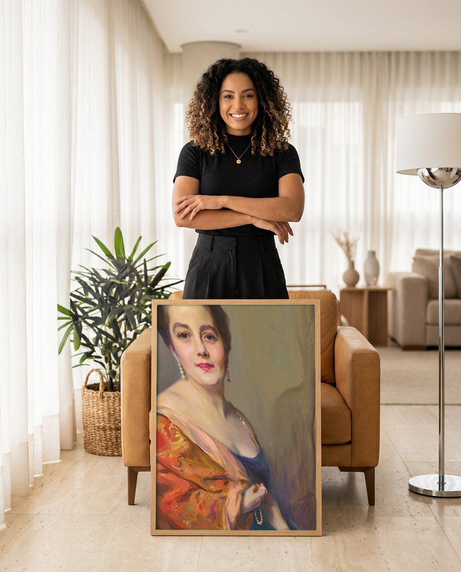Quadro Decorativo Retrato Feminino Elegante - Philip Alexius de László com modelo em ambiente