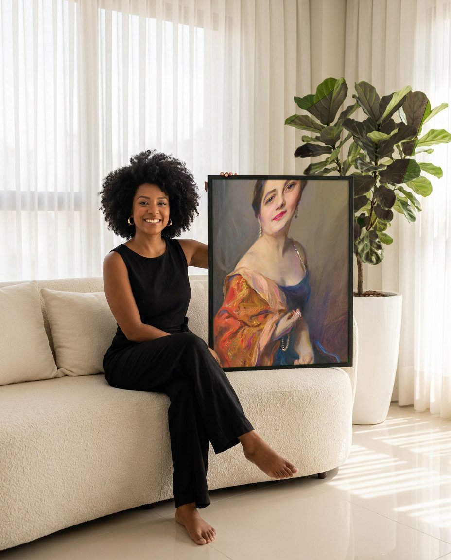 Quadro Decorativo Retrato Feminino Elegante - Philip Alexius de László com modelo em ambiente