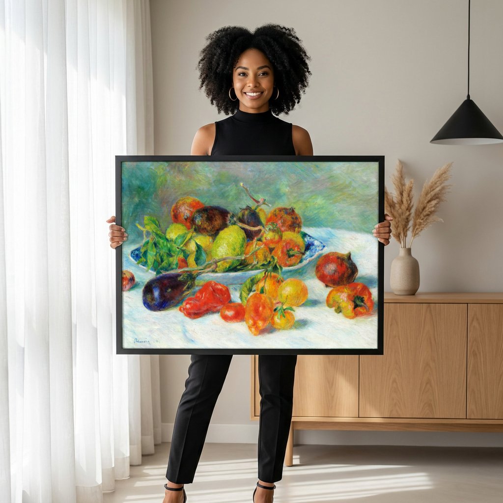 Quadro Decorativo Cesta de Frutas e Legumes - Renoir com modelo em ambiente