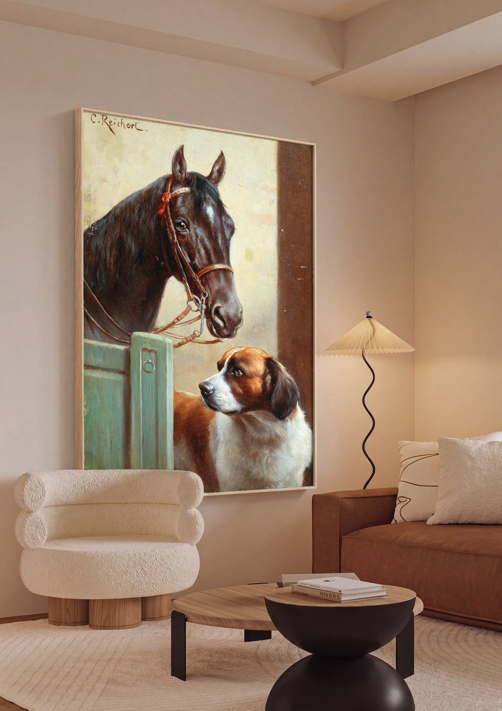 Quadro Decorativo Cão e Cavalo - Carl Reichert em ambiente decorado