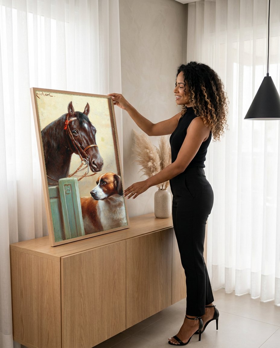 Quadro Decorativo Cão e Cavalo - Carl Reichert com modelo em ambiente