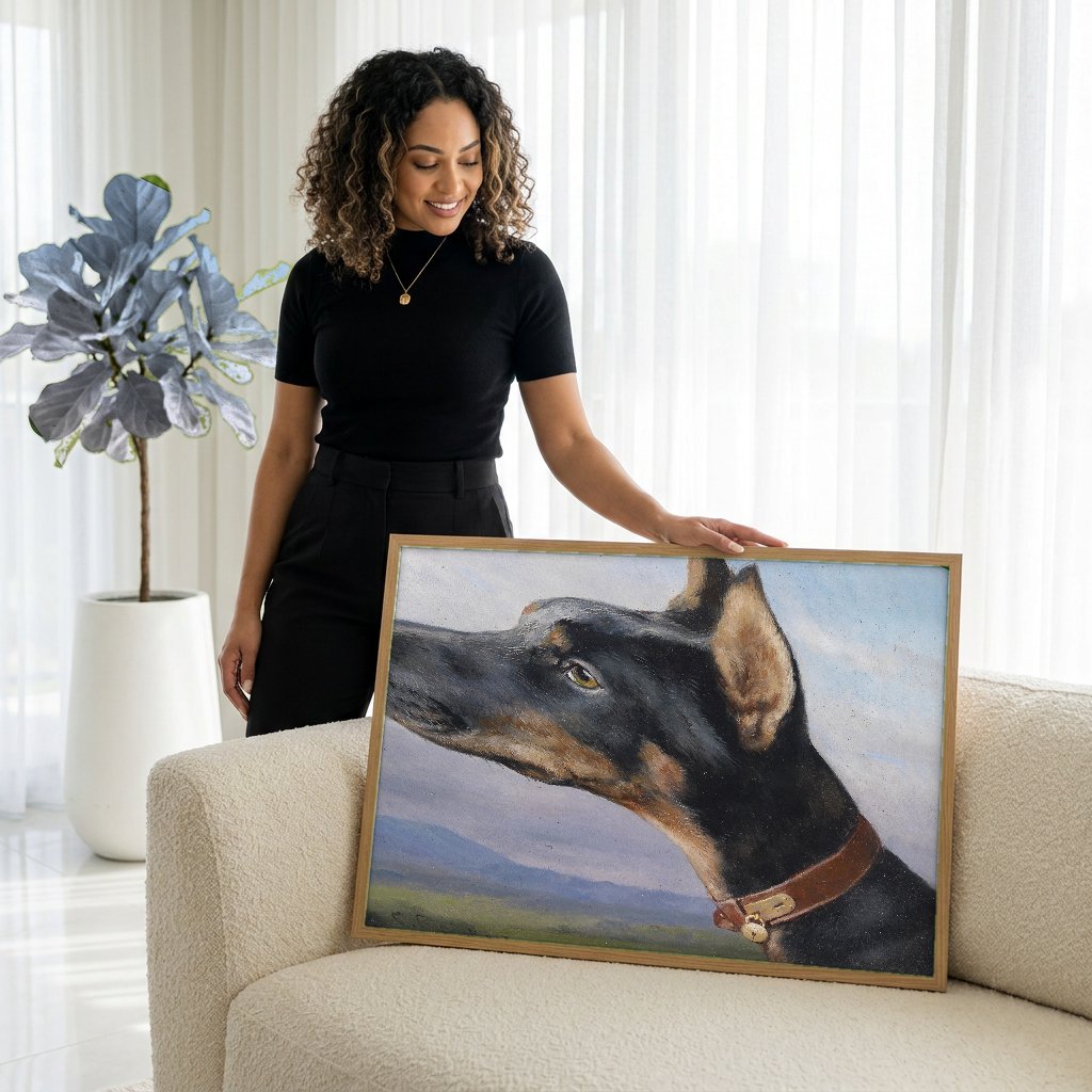 Quadro Decorativo Cão Doberman - Carl Reichert com modelo em ambiente