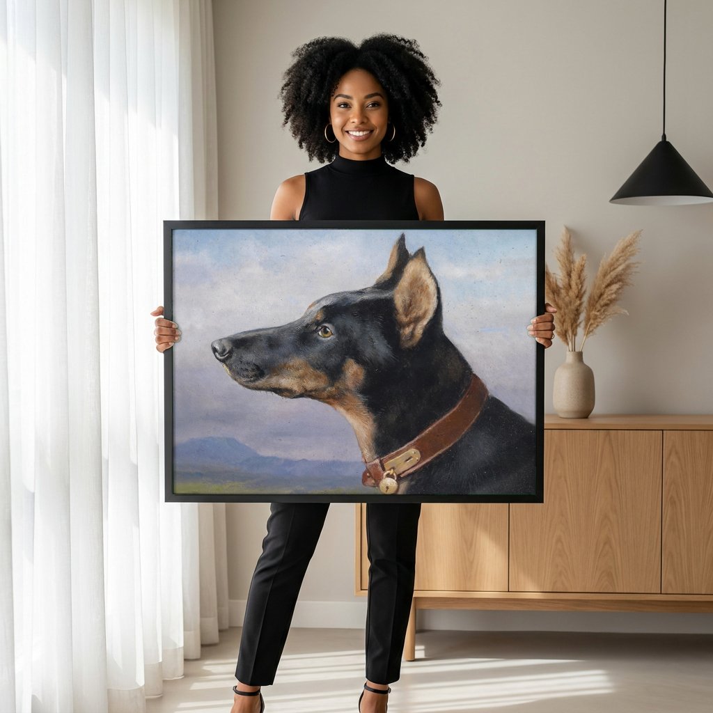Quadro Decorativo Cão Doberman - Carl Reichert com modelo em ambiente