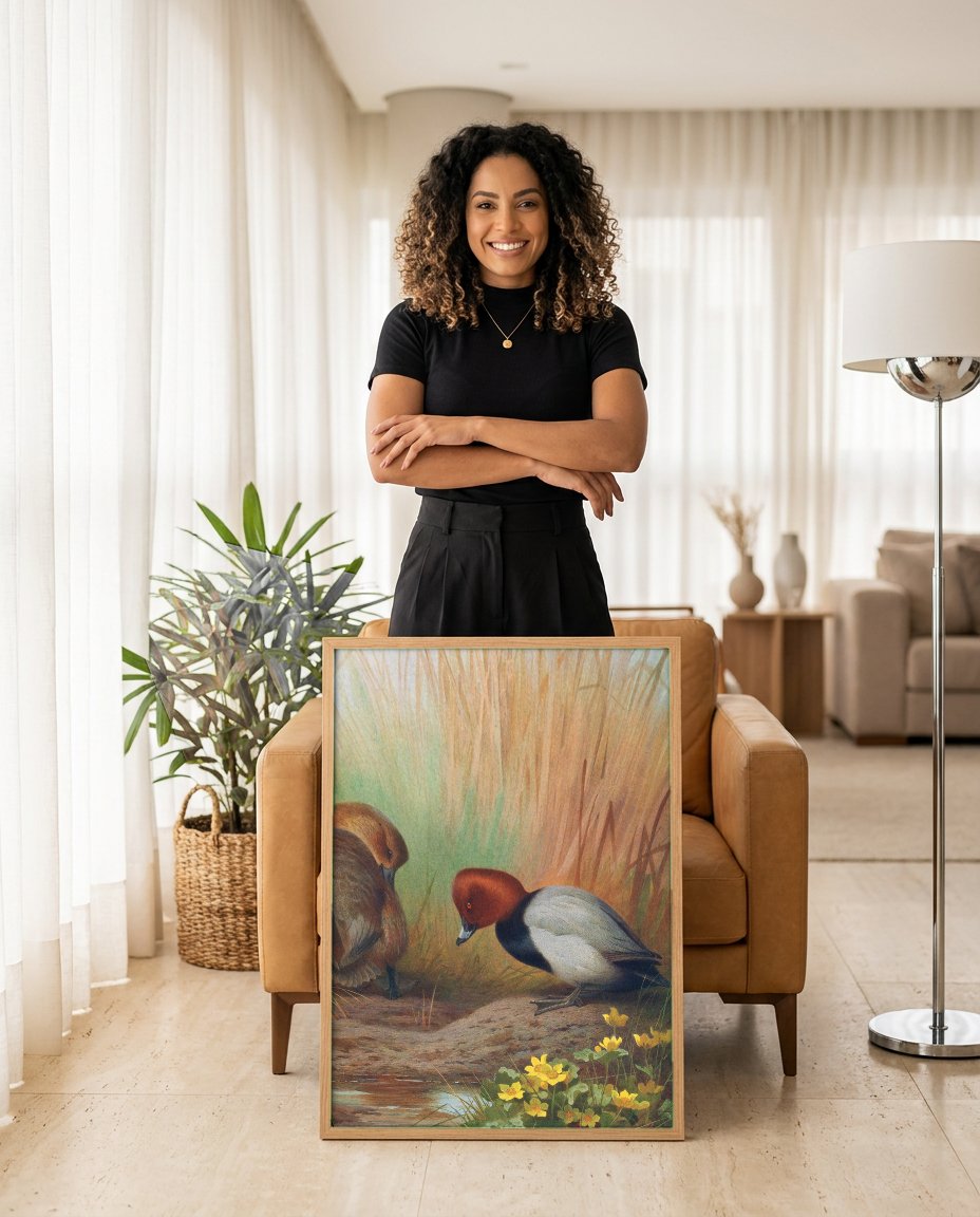 Quadro Decorativo Patos-Vermelhos à Beira do Lago - A. Thorburn com modelo em ambiente