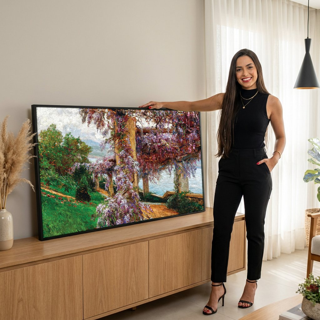 Quadro Decorativo Pérgola Florida à Beira-Mar - Olga Wisinger-Florian com modelo em ambiente