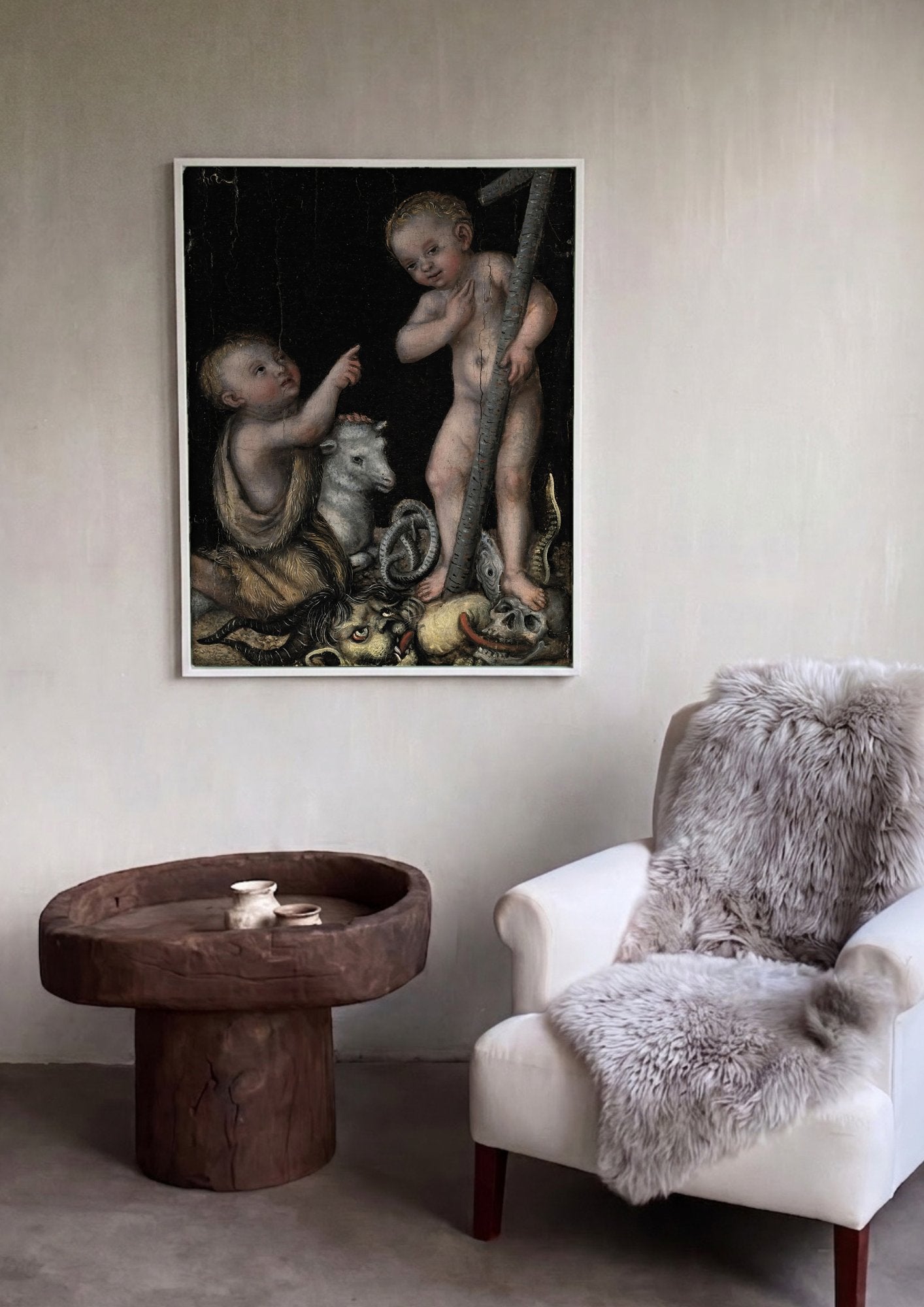 Quadro Decorativo Crianças com o Cordeiro de Deus - Cranach, o Velho em ambiente decorado
