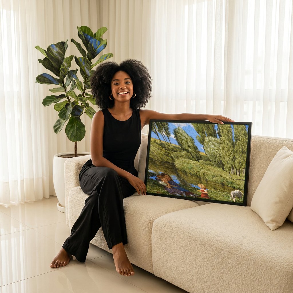Quadro Decorativo Crianças e Bode à Beira do Rio - Hans Thoma com modelo em ambiente