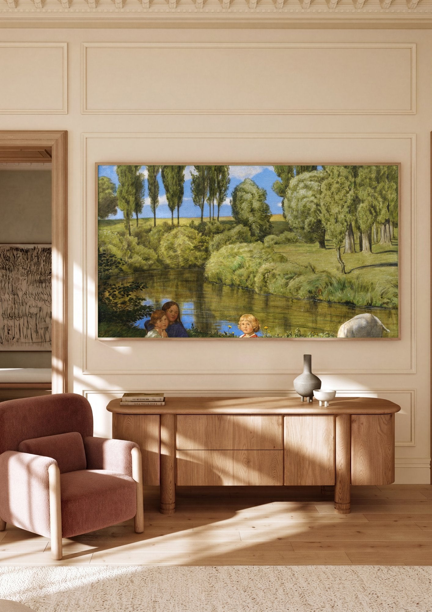 Quadro Decorativo Crianças e Bode à Beira do Rio - Hans Thoma em ambiente decorado
