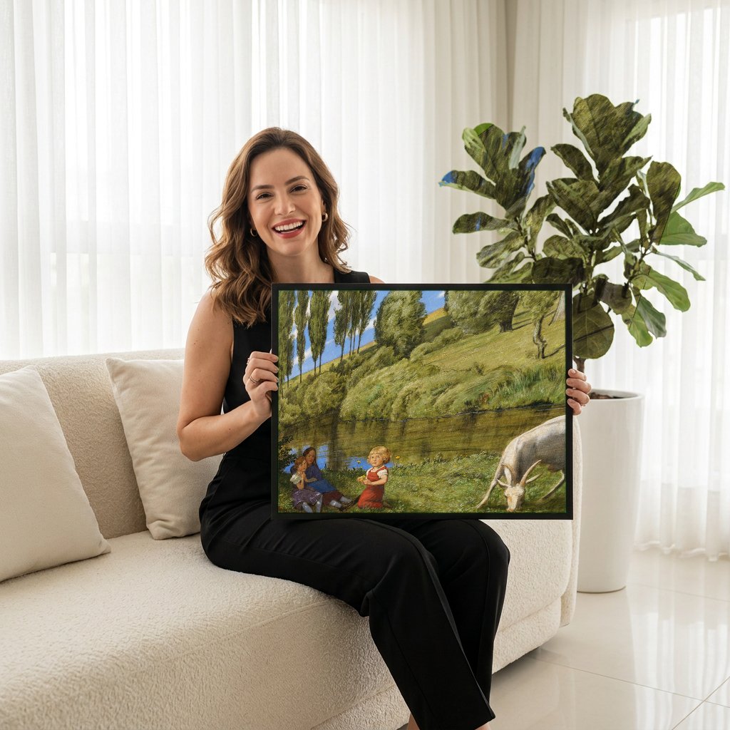 Quadro Decorativo Crianças e Bode à Beira do Rio - Hans Thoma com modelo em ambiente
