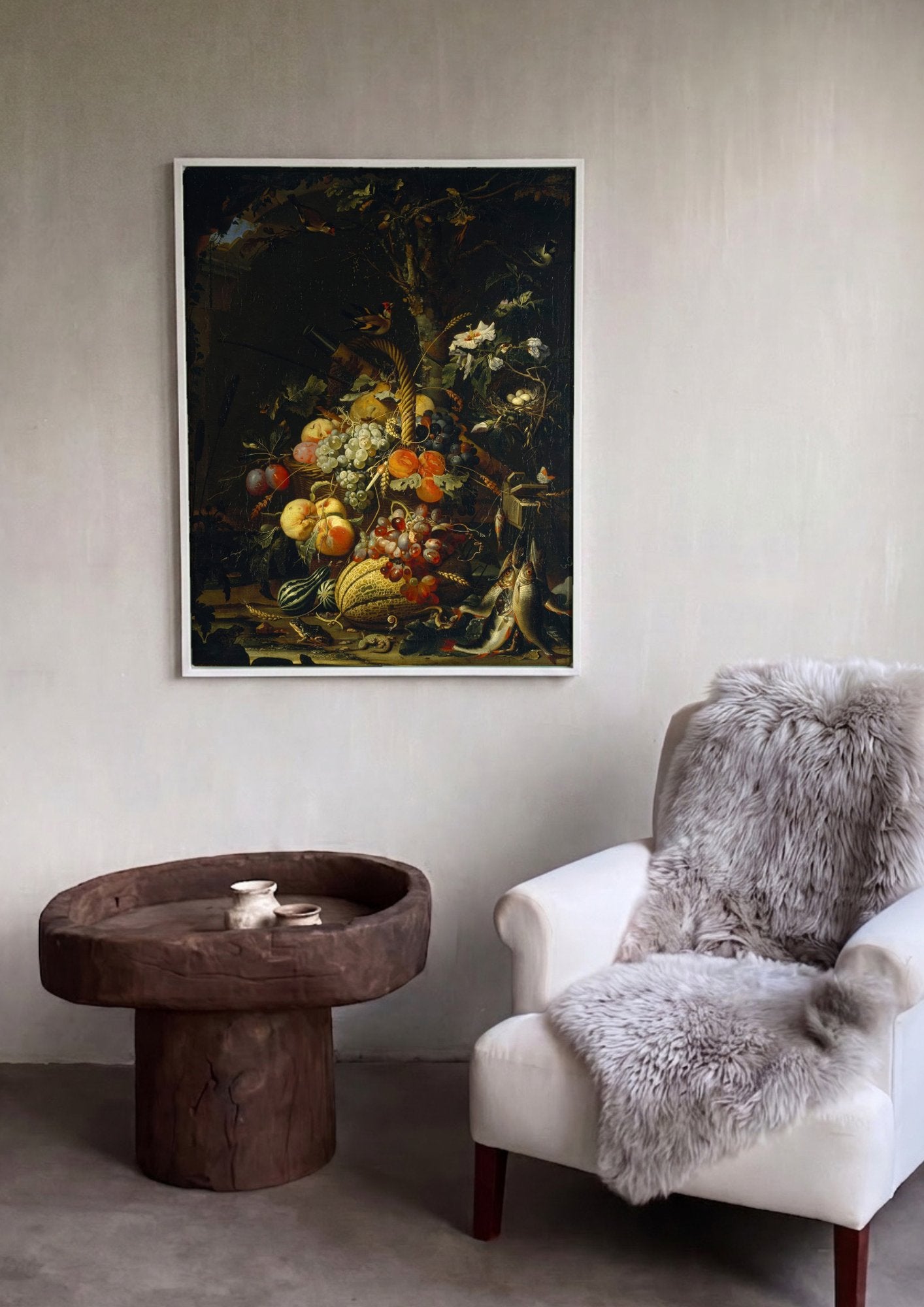Quadro Decorativo Cesta de Frutas e Peixes - Abraham Mignon em ambiente decorado