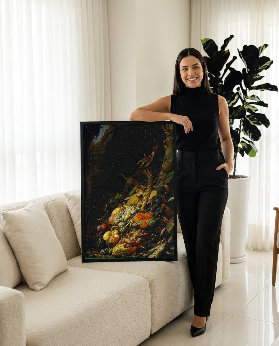 Quadro Decorativo Cesta de Frutas e Peixes - Abraham Mignon com modelo em ambiente