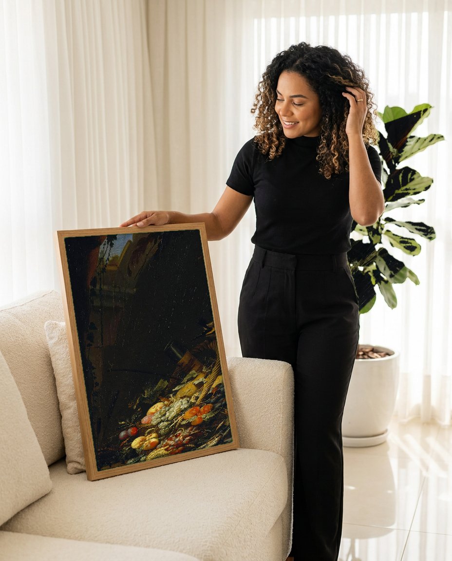 Quadro Decorativo Cesta de Frutas e Peixes - Abraham Mignon com modelo em ambiente