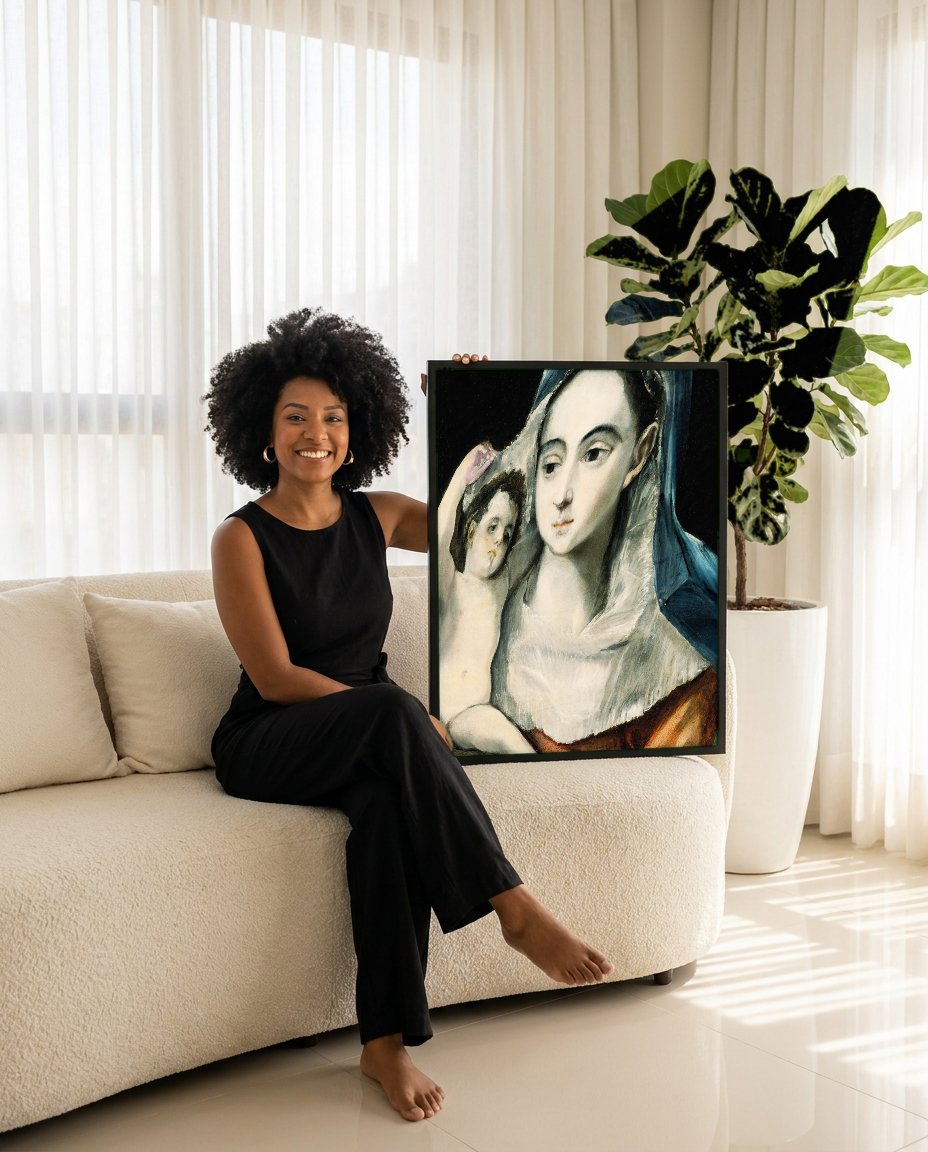 Quadro Decorativo A Virgem e o Menino - El Greco com modelo em ambiente