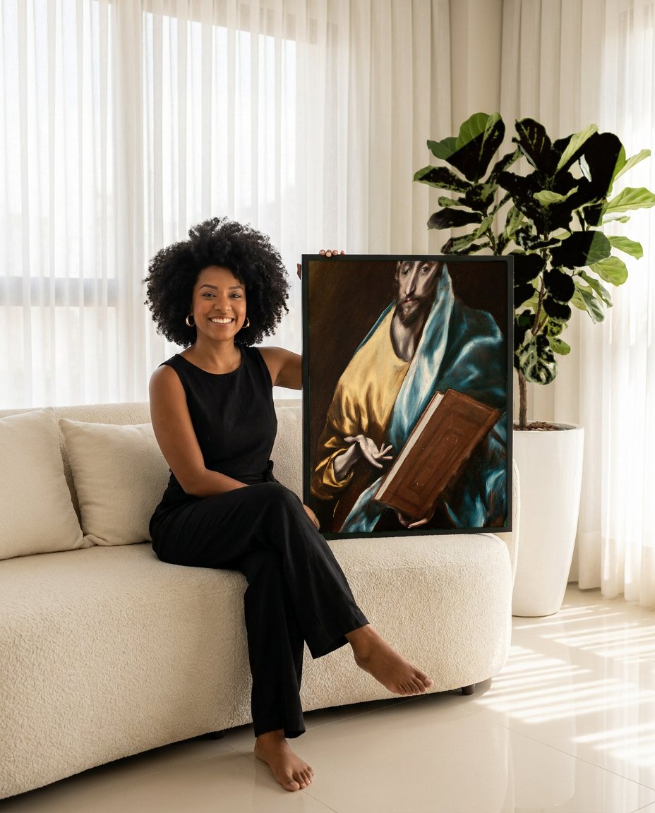 Quadro Decorativo Apóstolo com Livro - El Greco com modelo em ambiente
