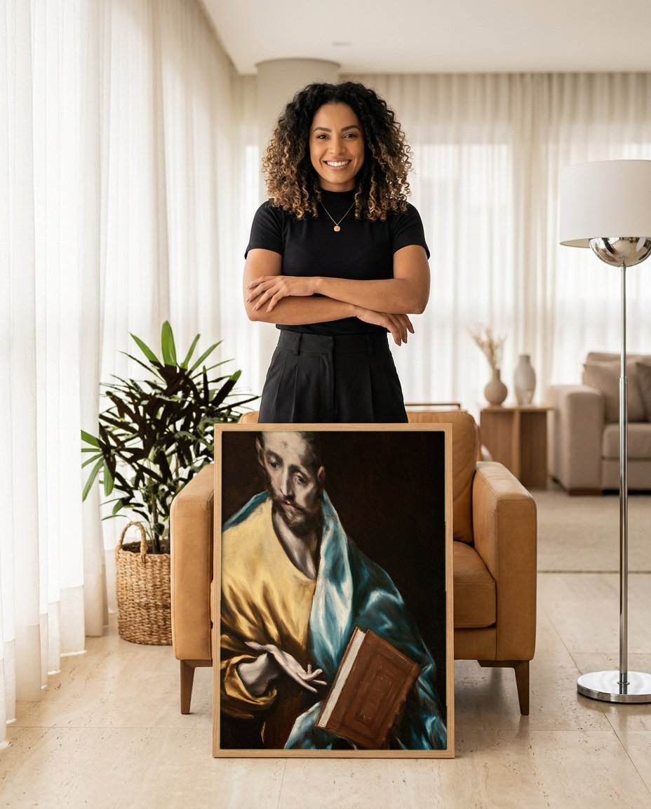 Quadro Decorativo Apóstolo com Livro - El Greco com modelo em ambiente