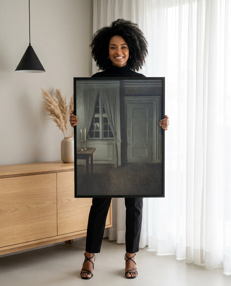 Quadro Decorativo Interior com Duas Velas - Vilhelm Hammershøi com modelo em ambiente