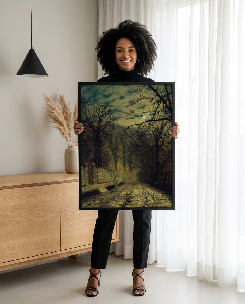 Quadro Decorativo Caminho Iluminado pela Lua - Grimshaw com modelo em ambiente