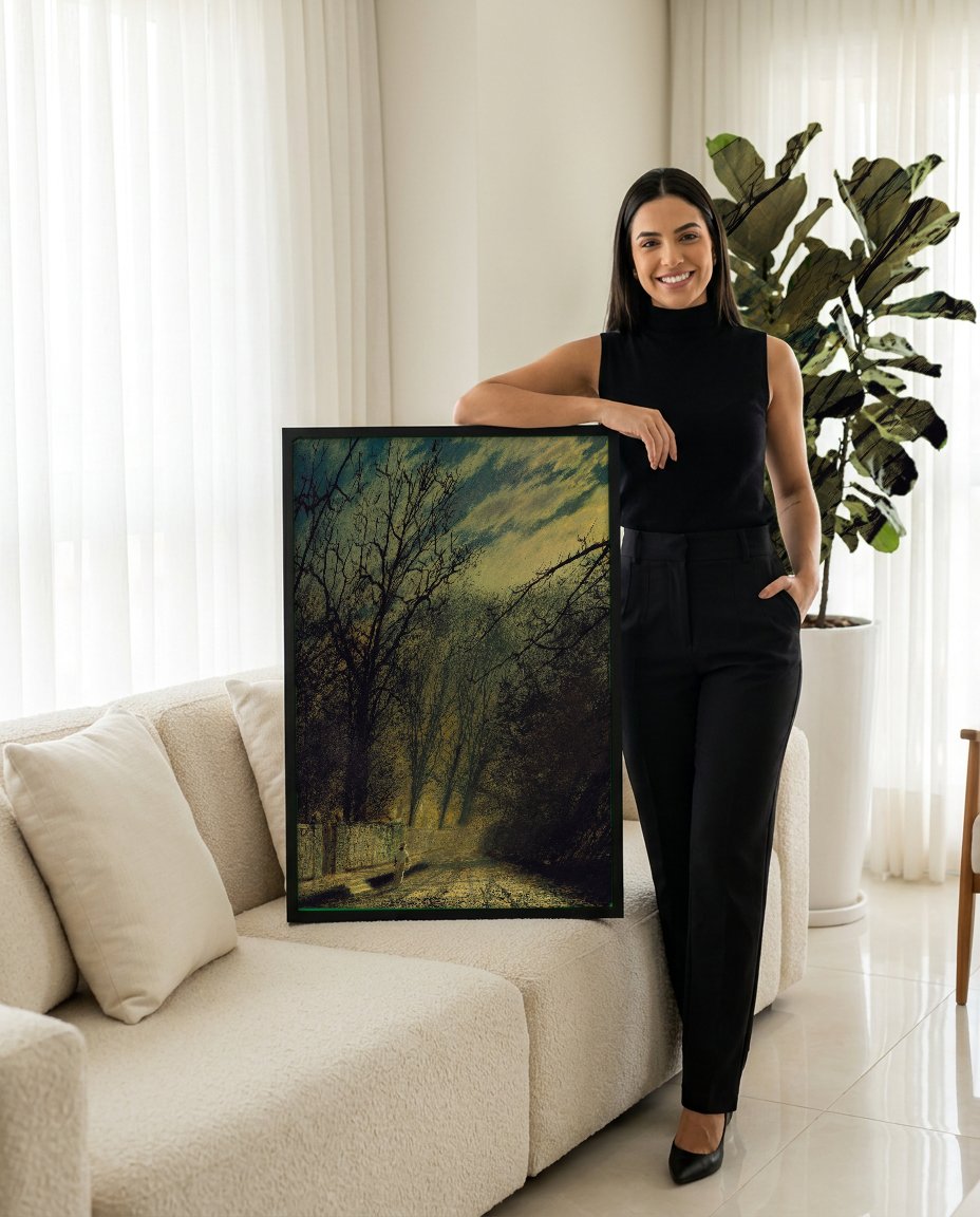 Quadro Decorativo Caminho Iluminado pela Lua - Grimshaw com modelo em ambiente