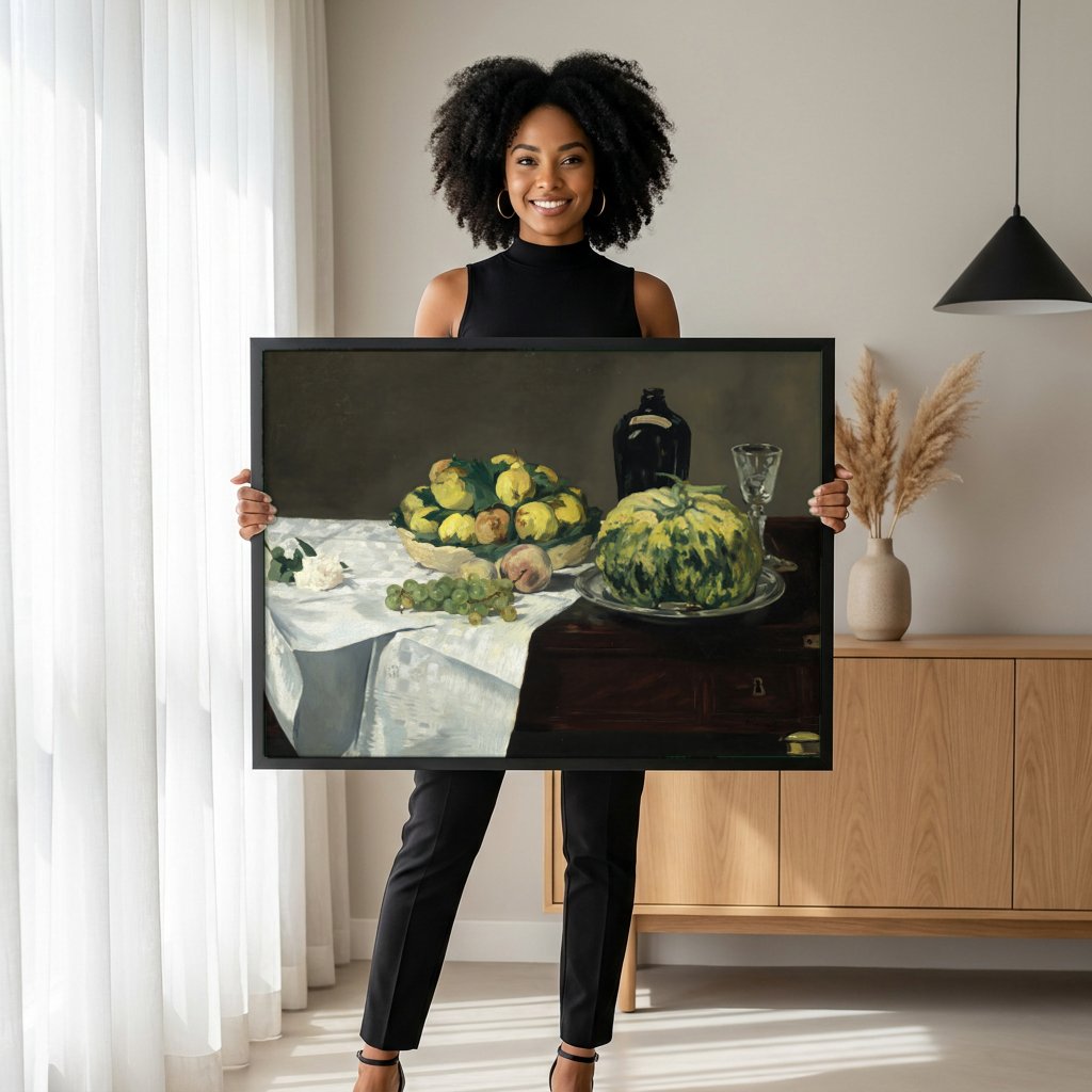Quadro Decorativo Cesta de Frutas e Melão - Manet com modelo em ambiente