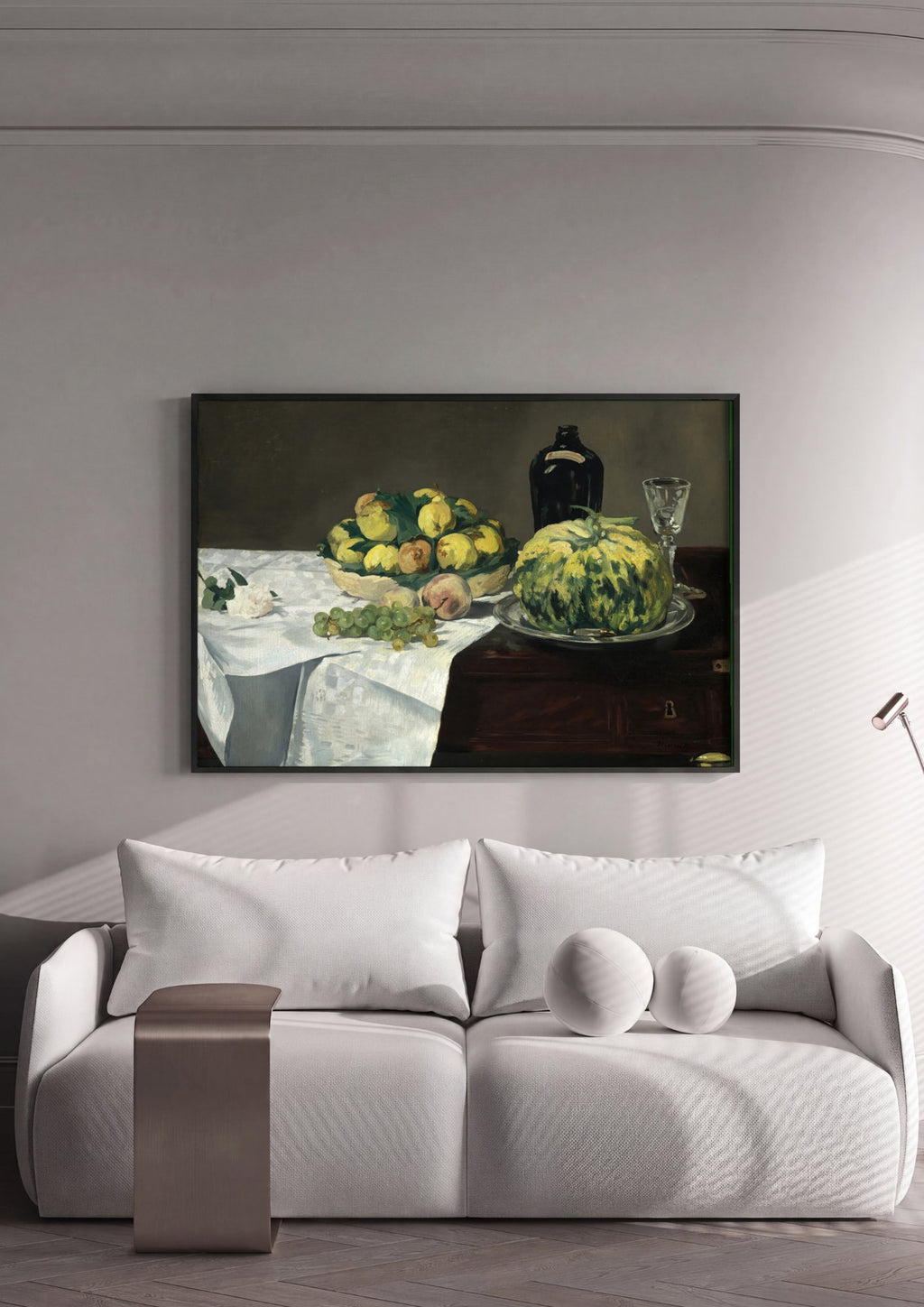Quadro Decorativo Cesta de Frutas e Melão - Manet em ambiente decorado