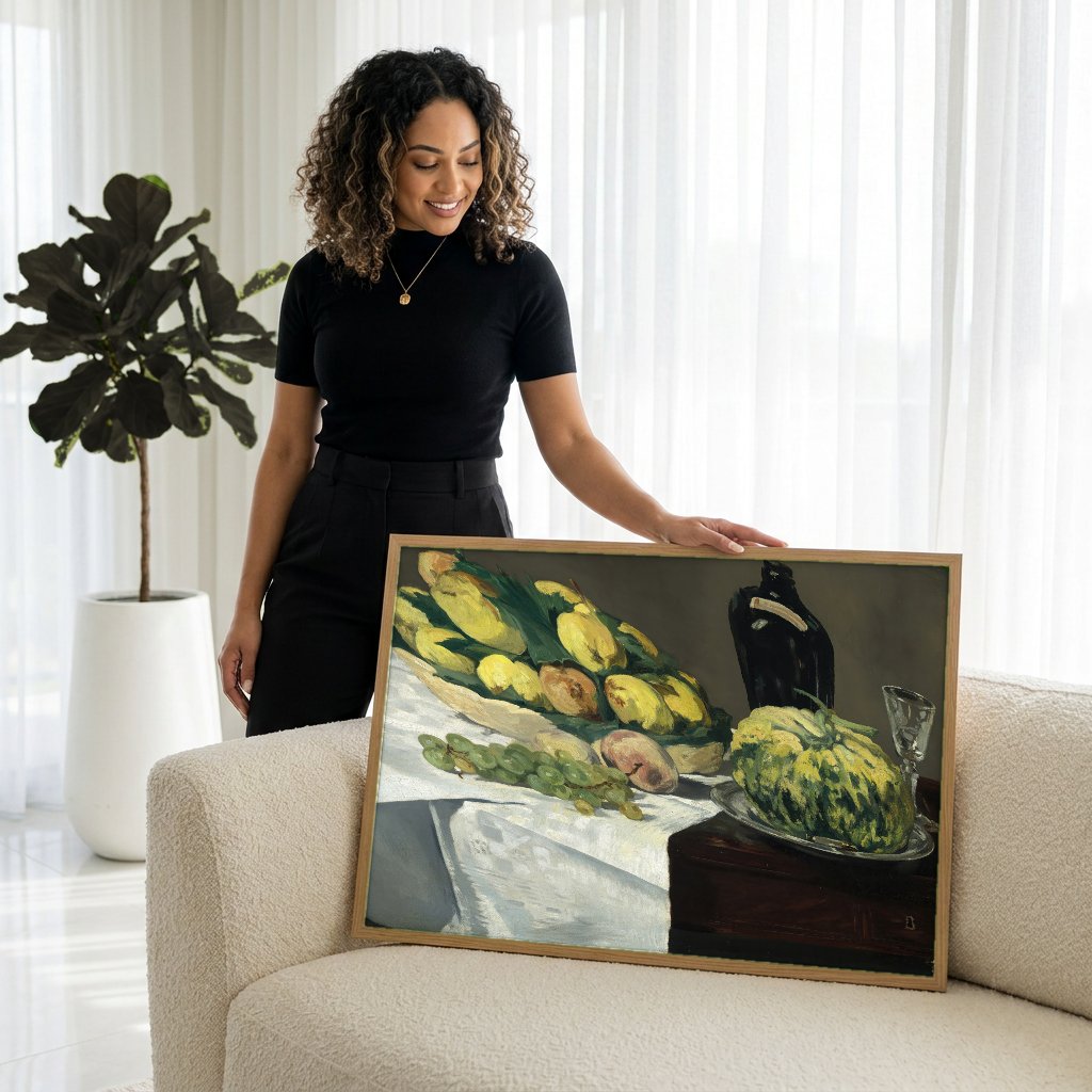 Quadro Decorativo Cesta de Frutas e Melão - Manet com modelo em ambiente