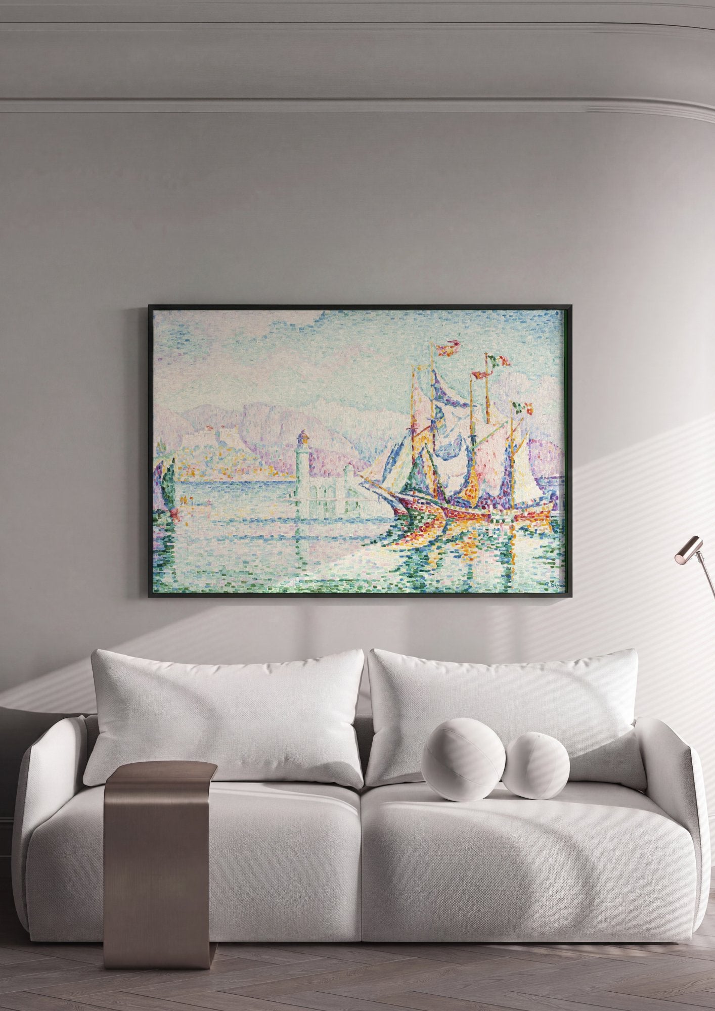 Quadro Decorativo Porto com Barco à Vela - Paul Signac em ambiente decorado