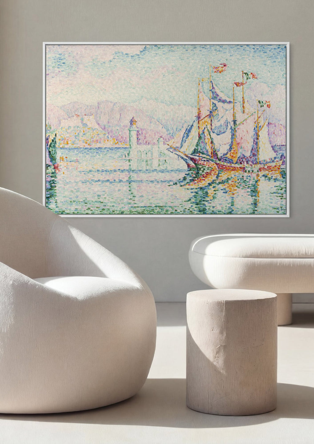Quadro Decorativo Porto com Barco à Vela - Paul Signac em ambiente decorado