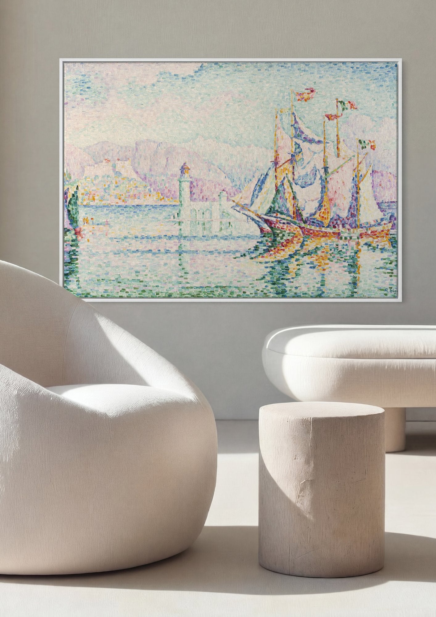 Quadro Decorativo Porto com Barco à Vela - Paul Signac em ambiente decorado