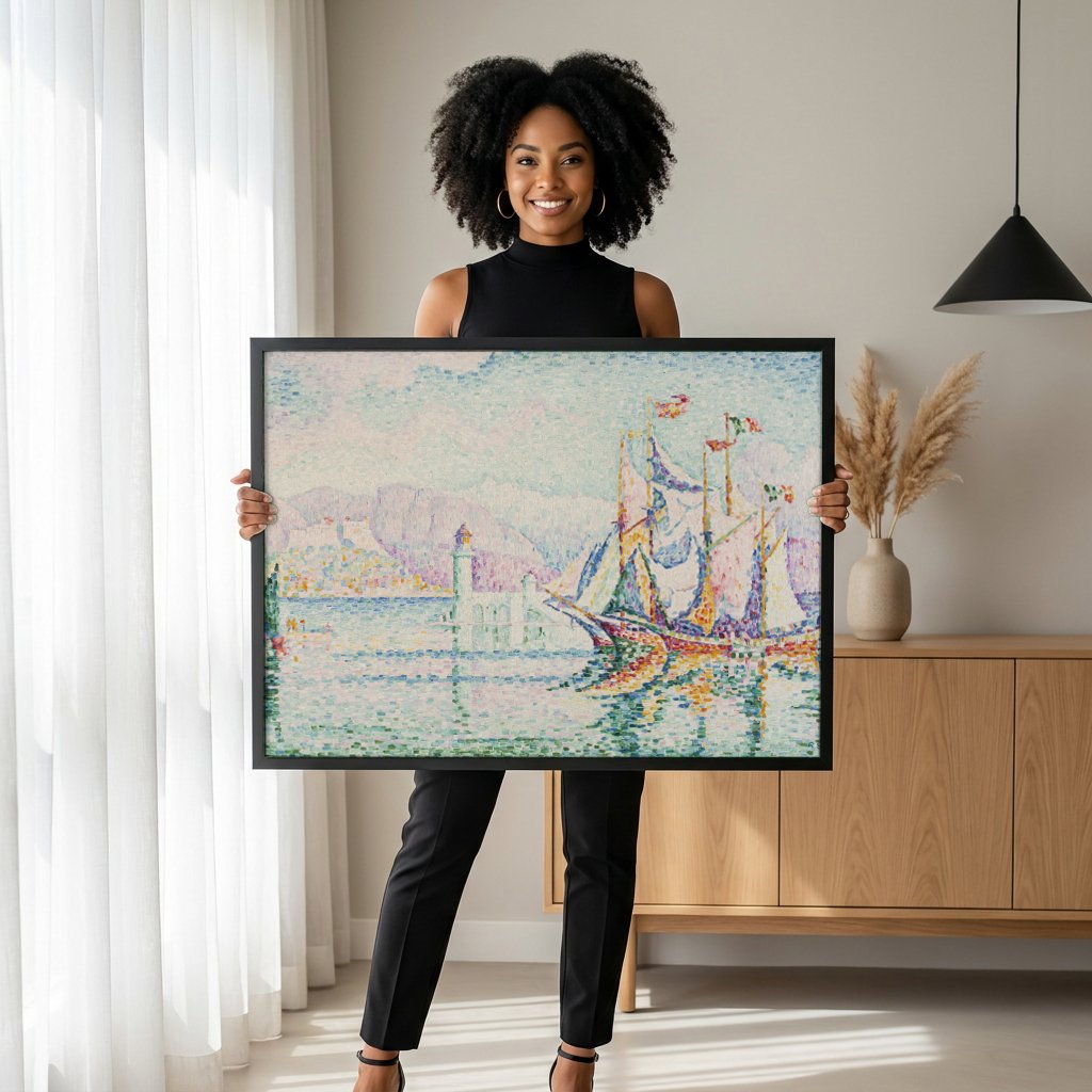 Quadro Decorativo Porto com Barco à Vela - Paul Signac com modelo em ambiente