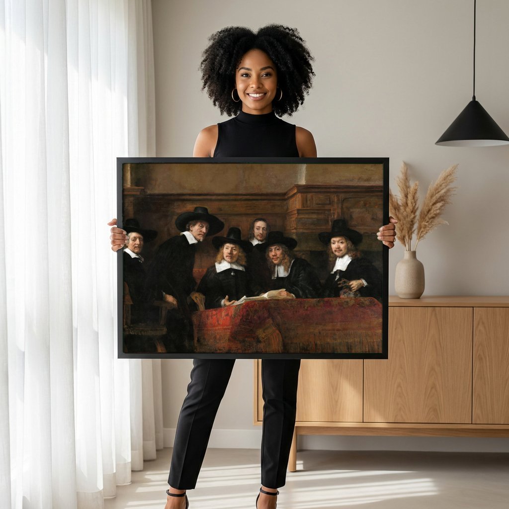 Quadro Decorativo Os Síndicos dos Paneleiros - Rembrandt com modelo em ambiente