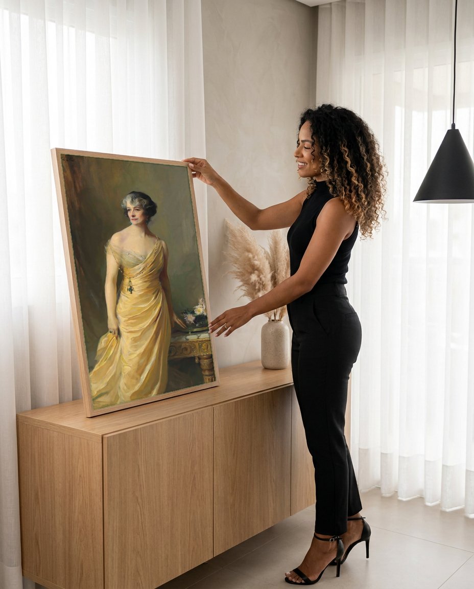 Quadro Decorativo Retrato de Senhora Elegante - Philip Alexius de László com modelo em ambiente