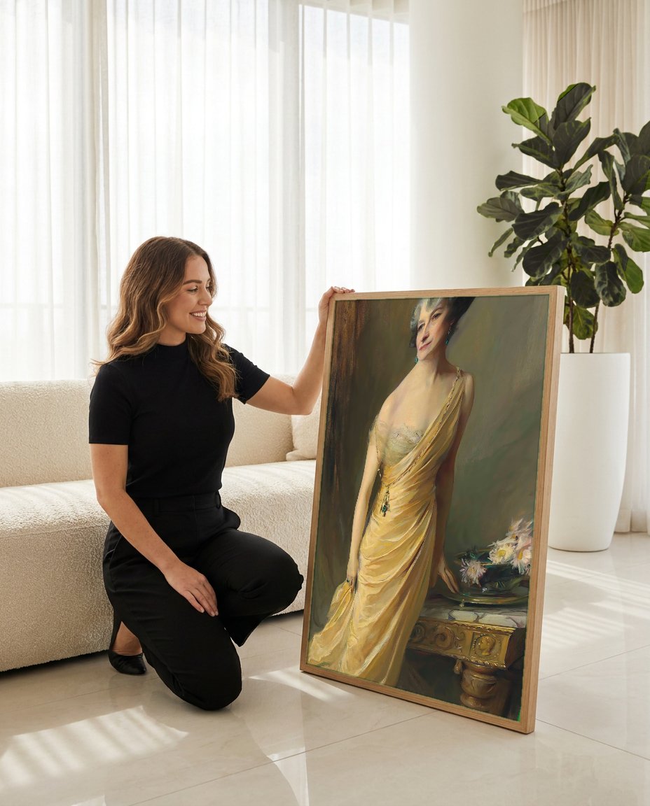 Quadro Decorativo Retrato de Senhora Elegante - Philip Alexius de László com modelo em ambiente