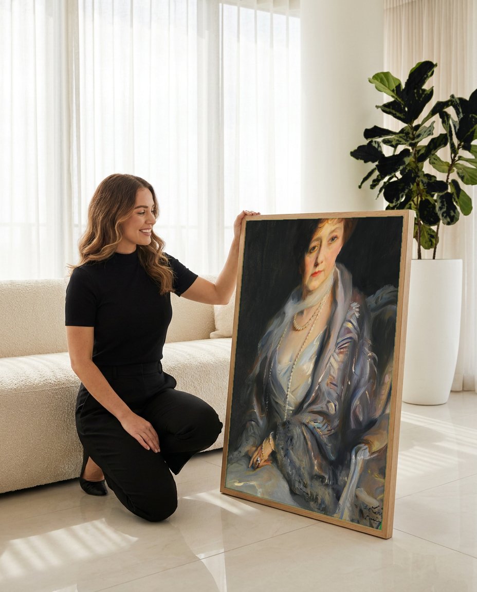 Quadro Decorativo Retrato de Senhora Elegante - Philip de László com modelo em ambiente