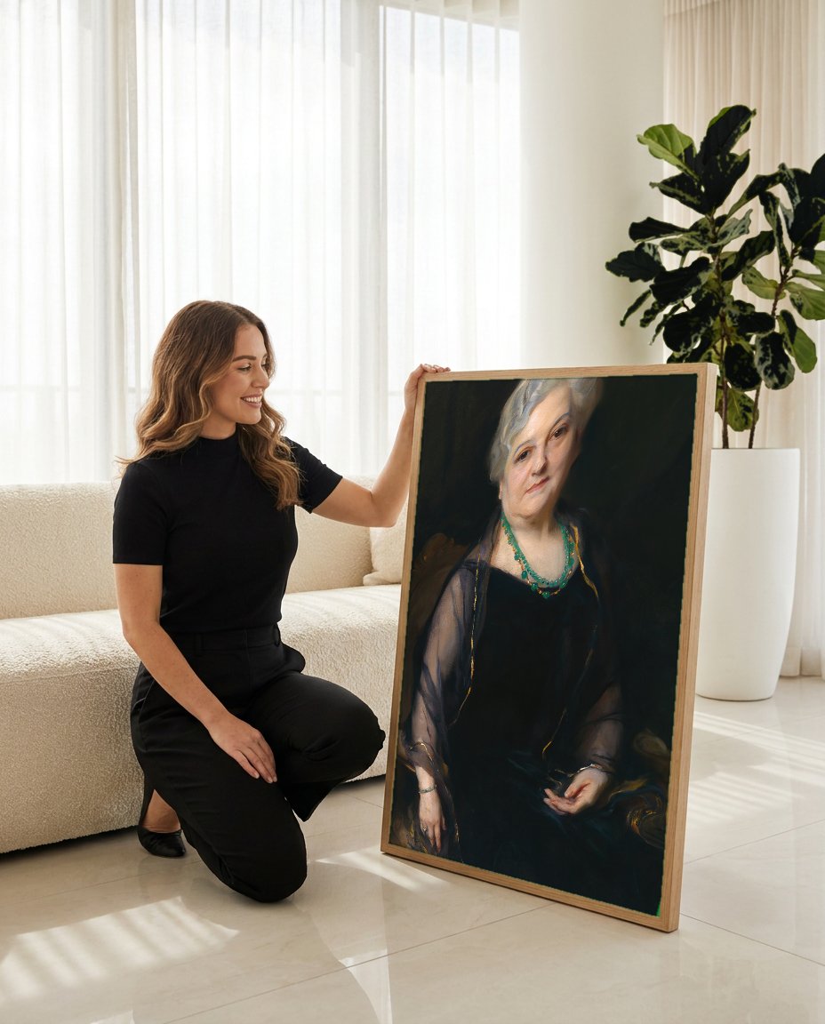 Quadro Decorativo Retrato de Senhora Elegante - Philip Alexius de László com modelo em ambiente