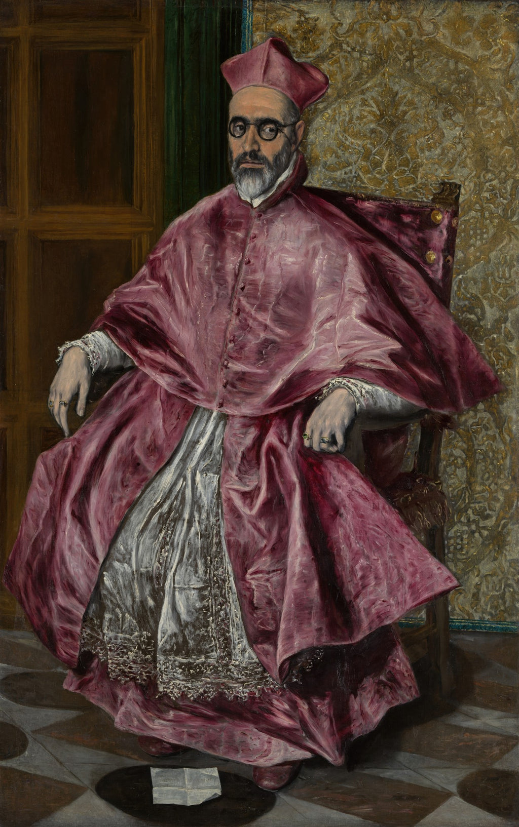 Retrato a óleo de El Greco, "Cardeal Fernando Niño de Guevara", exibindo um homem barbudo com óculos, vestindo vestes e chapéu cardinalícios em tons de vermelho e rosa, sentado em uma cadeira ornamentada.