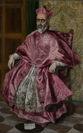 Retrato a óleo de El Greco, "Cardeal Fernando Niño de Guevara", exibindo um homem barbudo com óculos, vestindo vestes e chapéu cardinalícios em tons de vermelho e rosa, sentado em uma cadeira ornamentada.