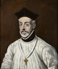 Retrato de um homem com chapéu e vestes eclesiásticas escuras e brancas, com um crucifixo verde pendurado no pescoço, atribuído a El Greco, sobre fundo marrom escuro.