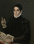 Retrato de um homem elegante do século XVI, com a mão direita no peito, vestindo roupas escuras e colarinho branco, com um livro aberto à sua frente, em estilo de El Greco.