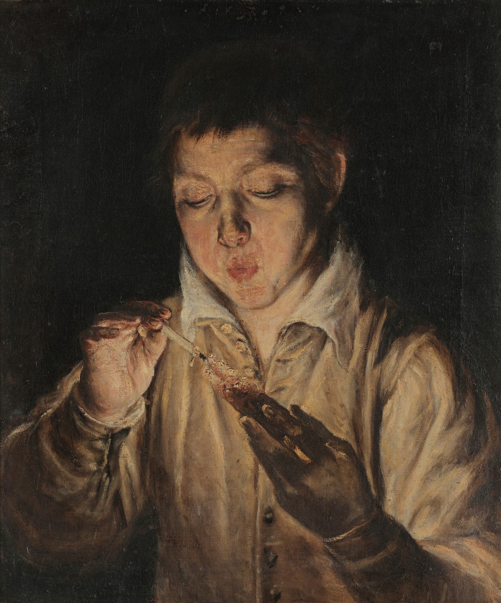 Quadro decorativo mostrando um jovem soprando uma brasa, iluminado pela luz da chama, com fundo escuro. Atribuído a El Greco.