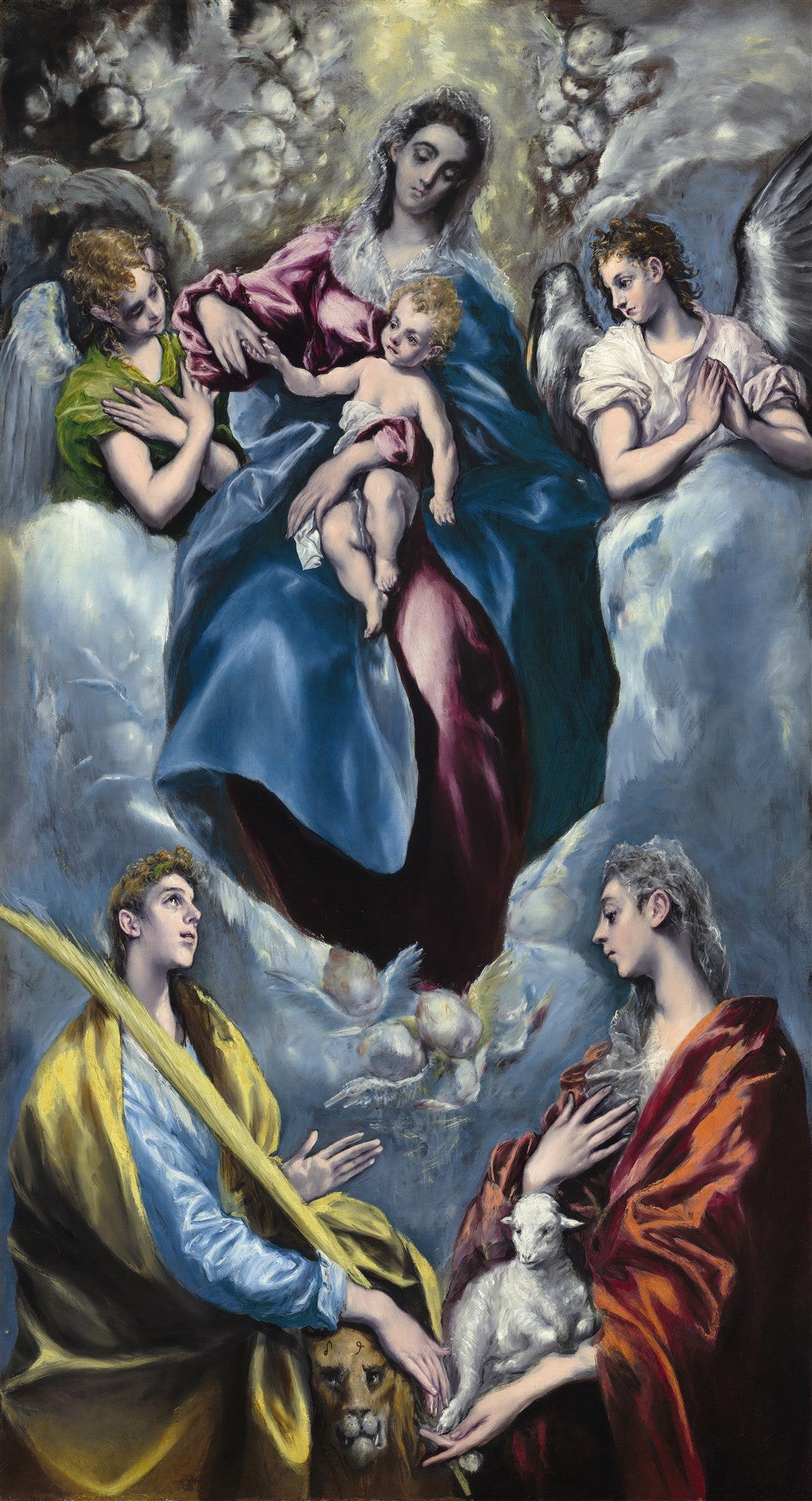Quadro decorativo com a pintura 'A Virgem e o Menino com Santas Inês e Tecla' de El Greco. A Virgem Maria segura o menino Jesus, ladeada por anjos e santos em uma cena celestial com nuvens e luz divina.